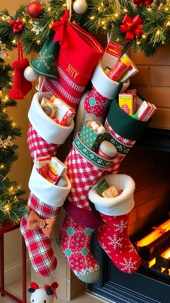Colorful Christmas stockings filled with small gifts and treats, hung by a fireplace.